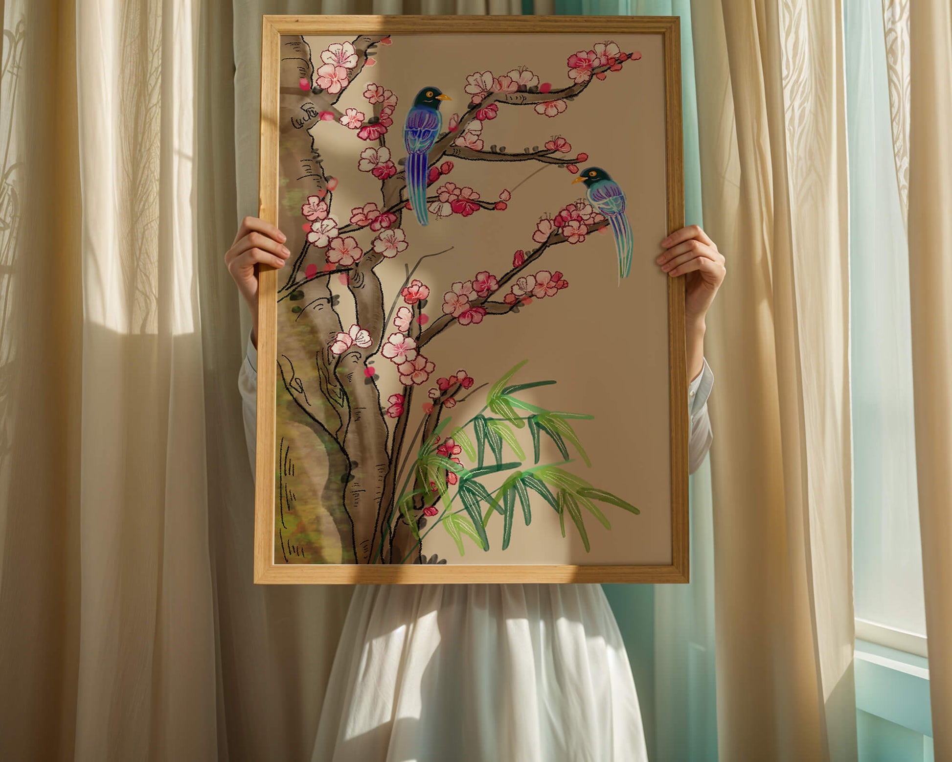 Illustration sereine d’oiseaux sur des branches en fleurs avec des feuilles de bambou