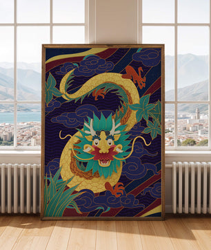 Illustration de dragon coloré avec des nuages ​​et des éléments de feuillage