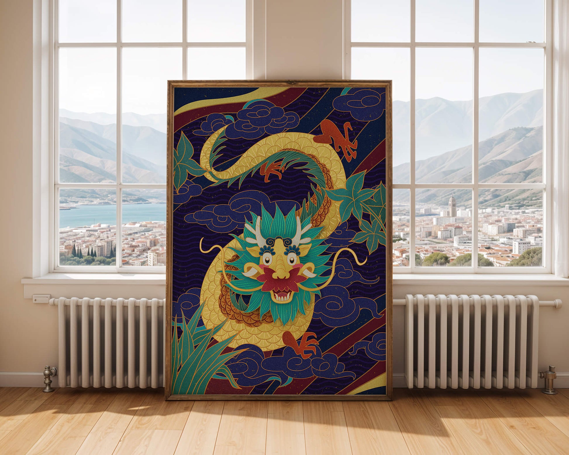 Illustration de dragon coloré avec des nuages ​​et des éléments de feuillage
