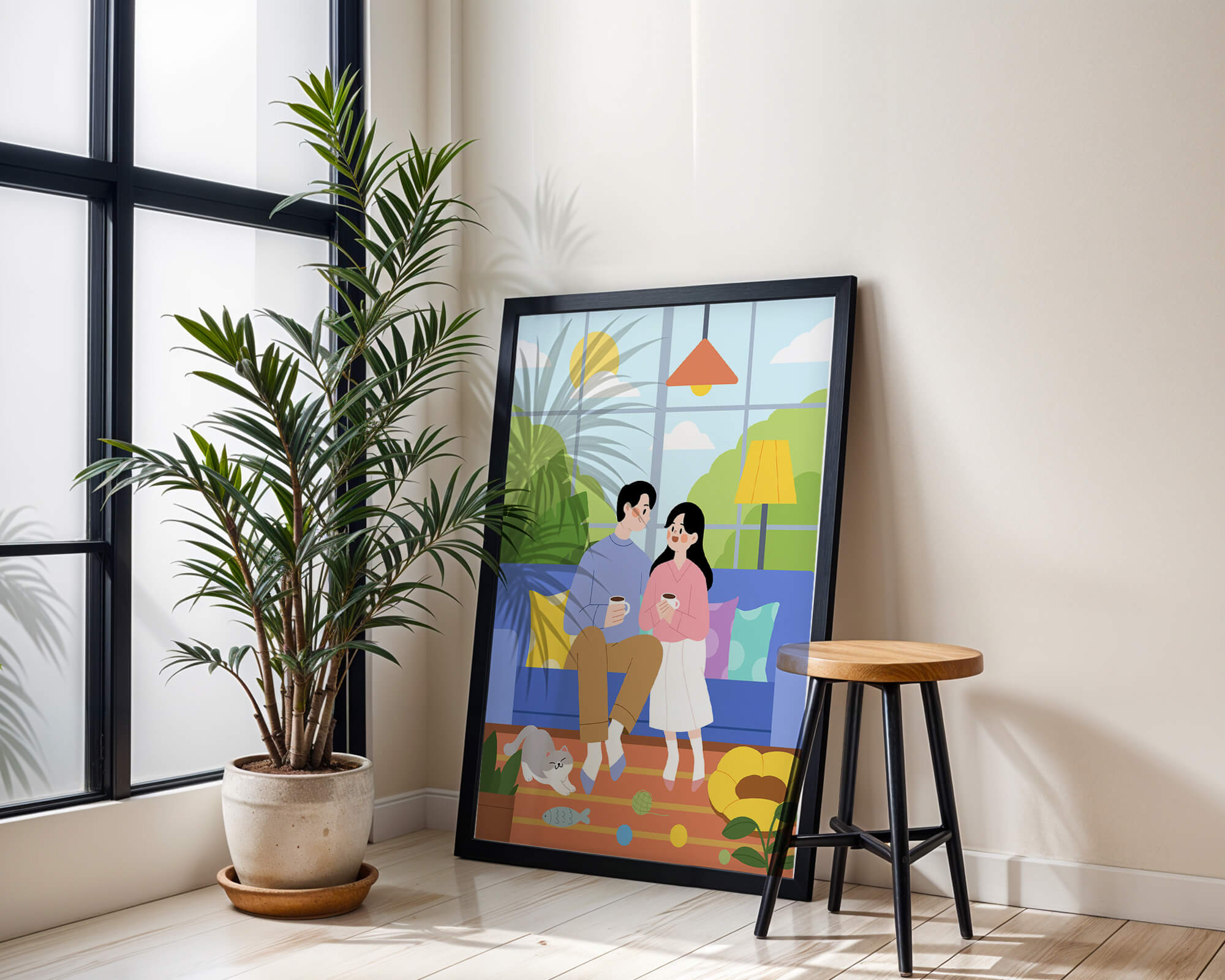 Cozy living room scene with couple and playful cat