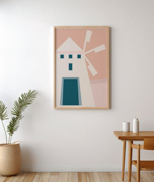 Minimalist geometric house illustration on pastel background