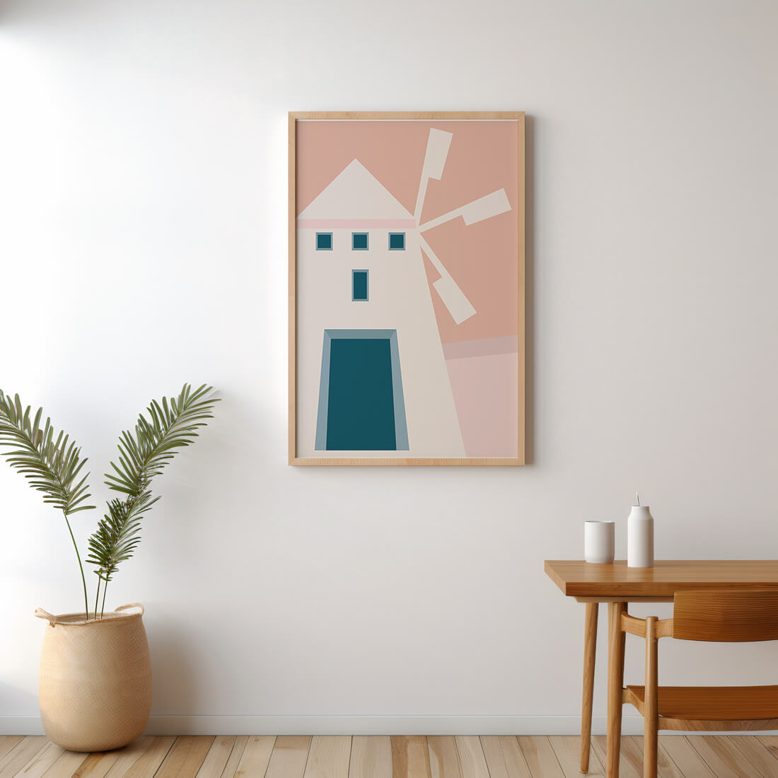 Minimalist geometric house illustration on pastel background