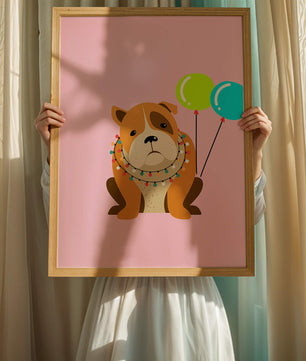 Perro de dibujos animados adorable con luces festivas y globos coloridos sobre fondo rosa