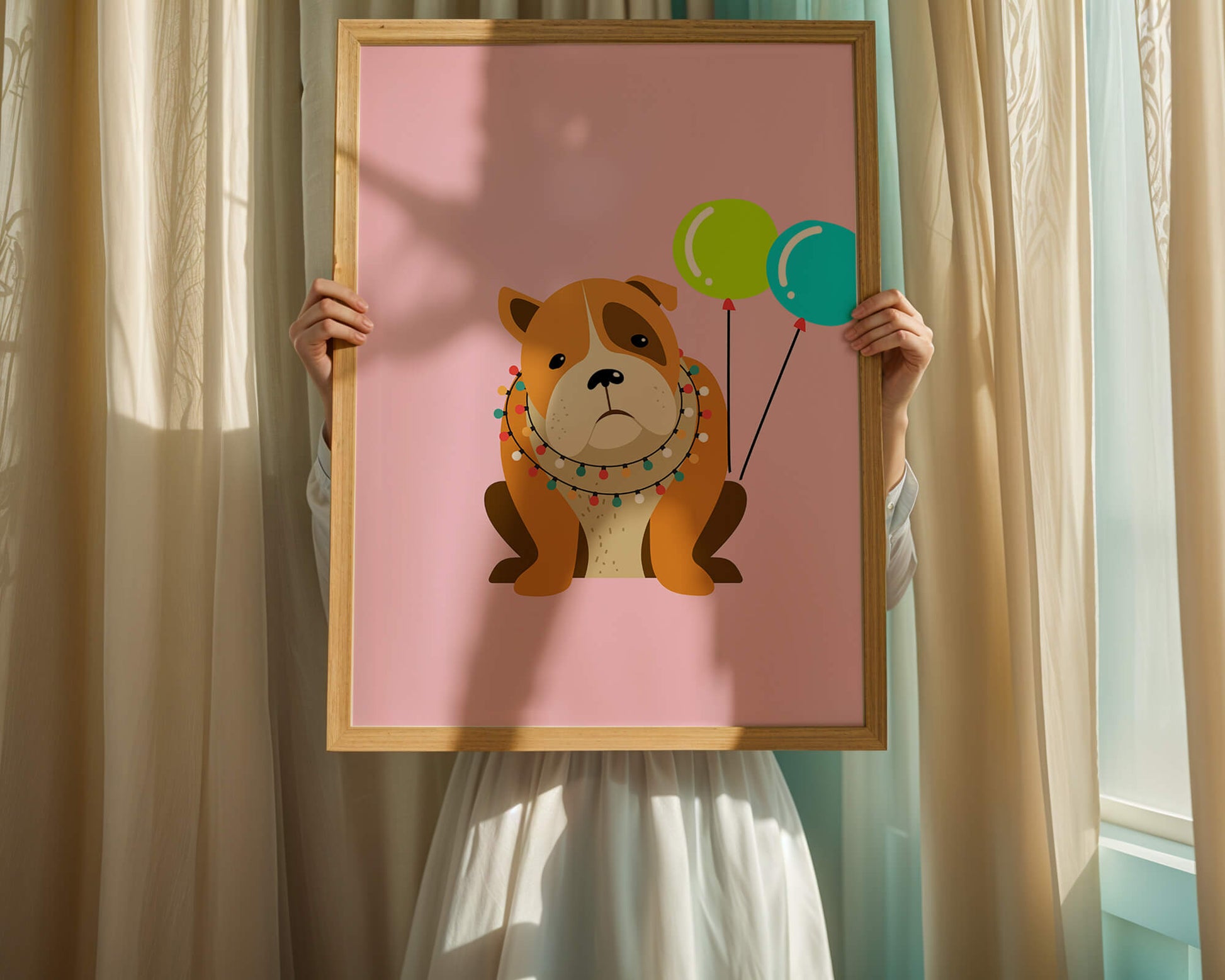 Perro de dibujos animados adorable con luces festivas y globos coloridos sobre fondo rosa