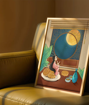 Tranquila escena nocturna con pasteles de luna y una figura mítica