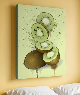 Watercolor illustration of sliced kiwi fruit with splashes