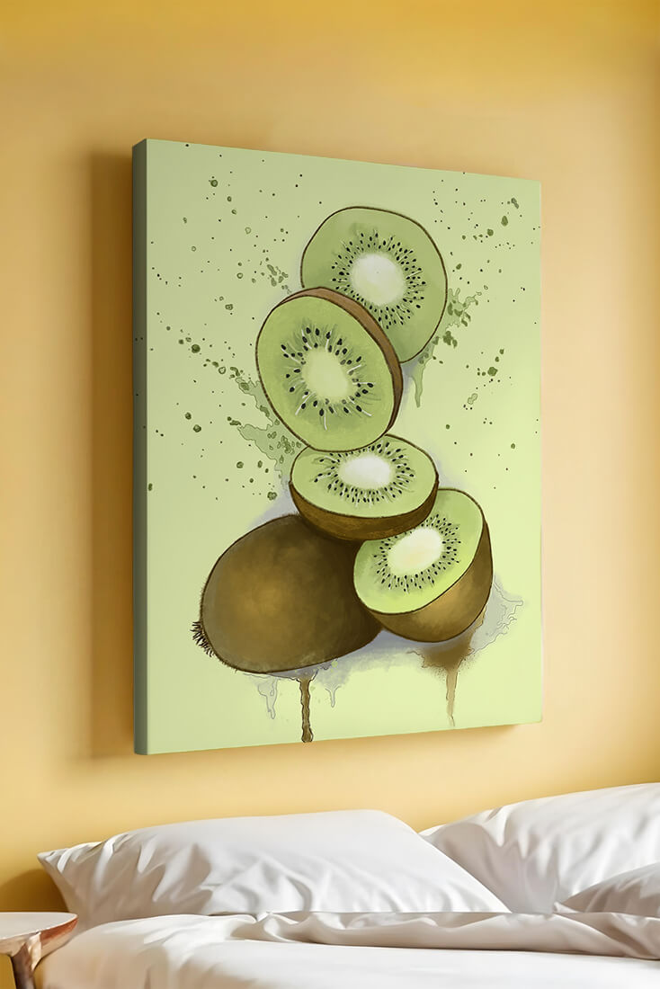 Watercolor illustration of sliced kiwi fruit with splashes