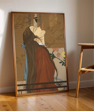 Mujer elegante con atuendo tradicional y fondo floral