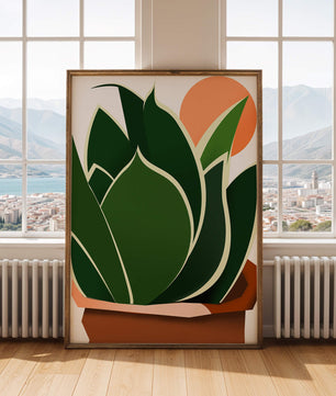 Ilustración contemporánea de una planta serpiente con fondo de amanecer