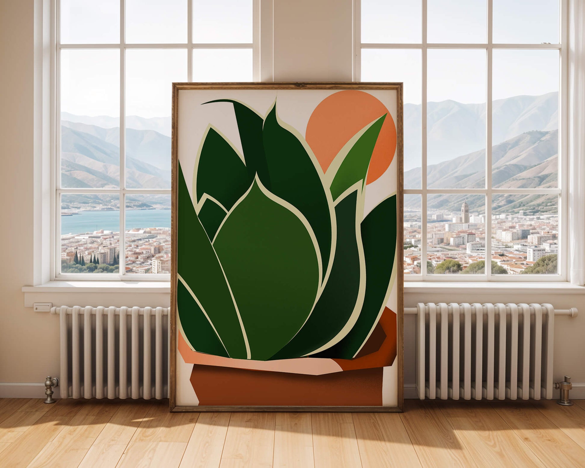 Ilustración contemporánea de una planta serpiente con fondo de amanecer