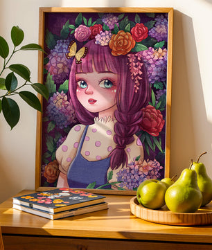 Illustration of a girl with floral crown surrounded by vibrant flowers