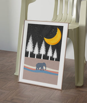 Serene Night Scene with Elephant Under Golden Moon in Forest - Mi tienda