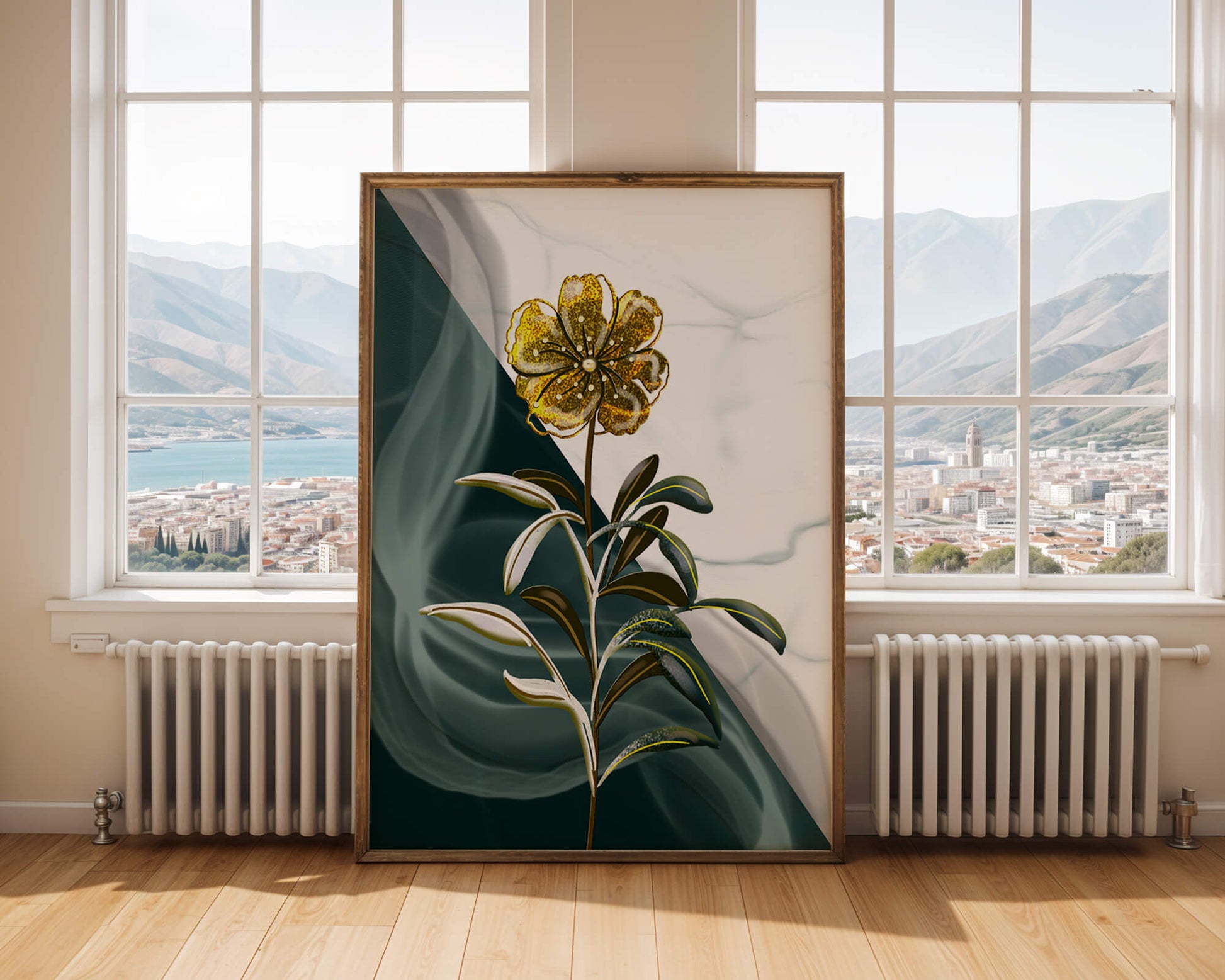 Abstract floral design featuring a golden flower with textured leaves