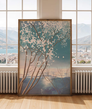 Paisaje sereno con árbol en flor sobre la reflexión del agua tranquila