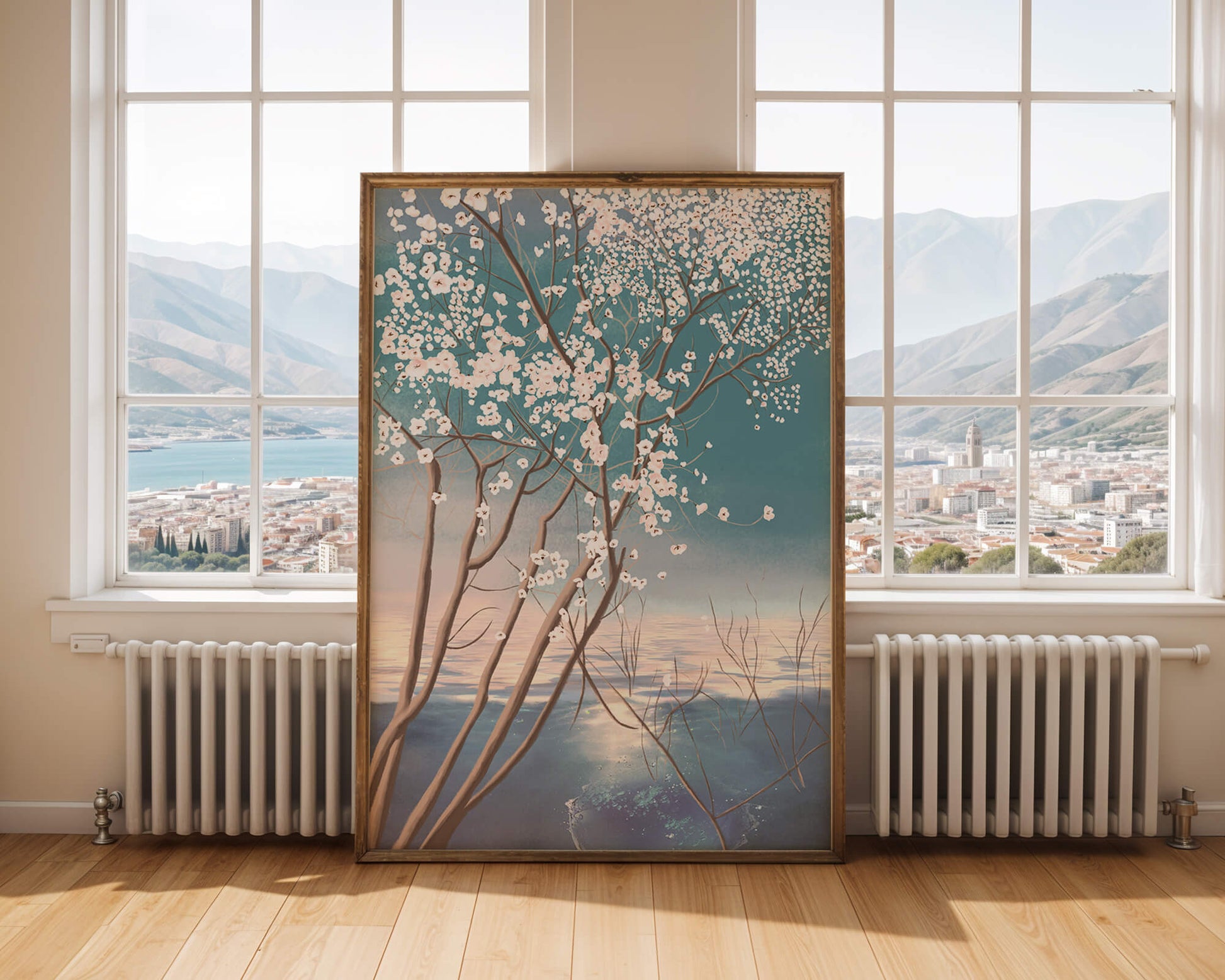 Serene landscape with blossoming tree over calm water reflection