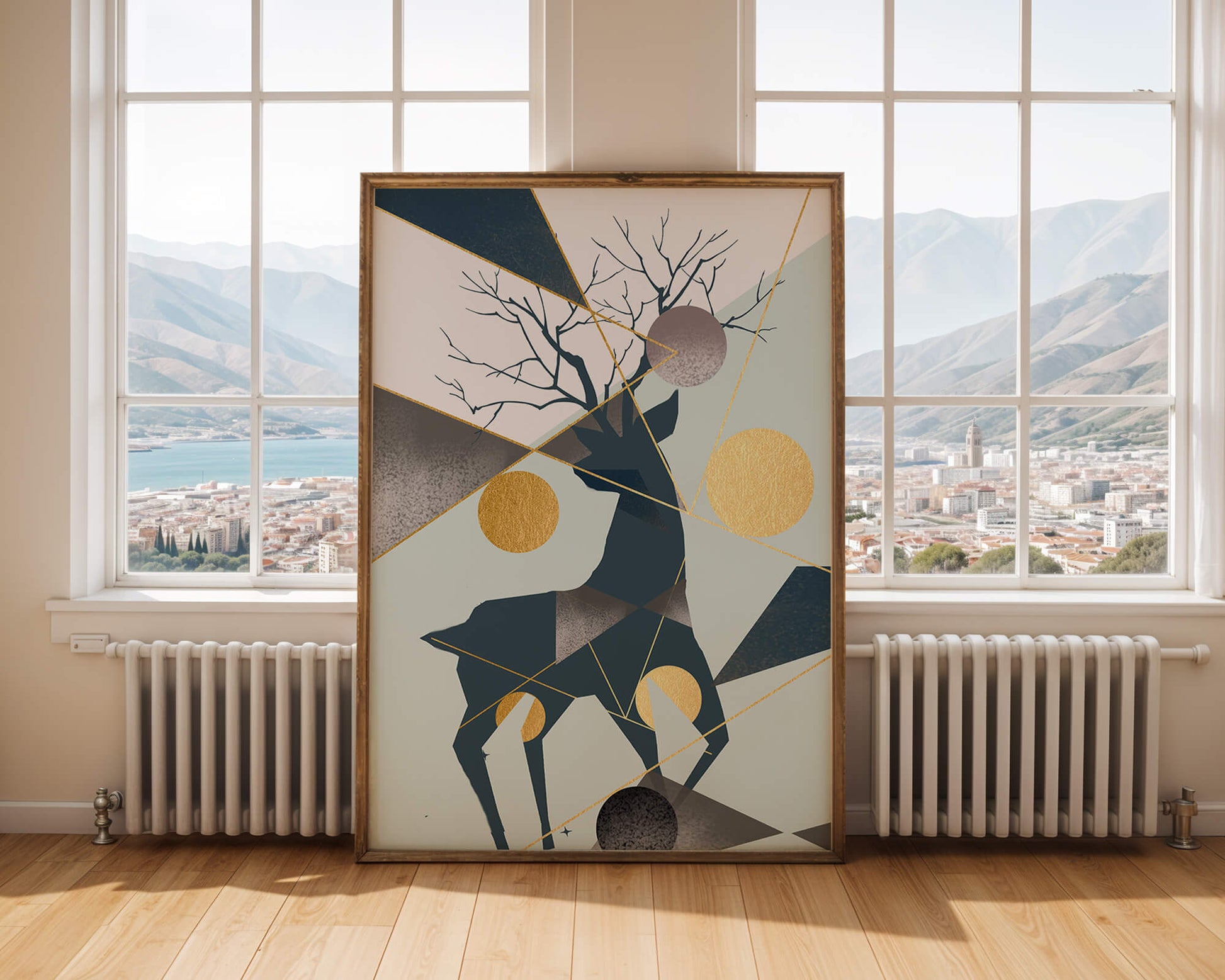 Ciervo geométrico con elementos dorados y abstractos