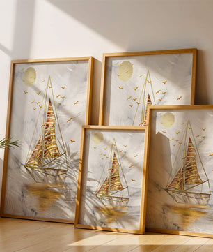 Elegant sailboat with gold elements against a textured sky