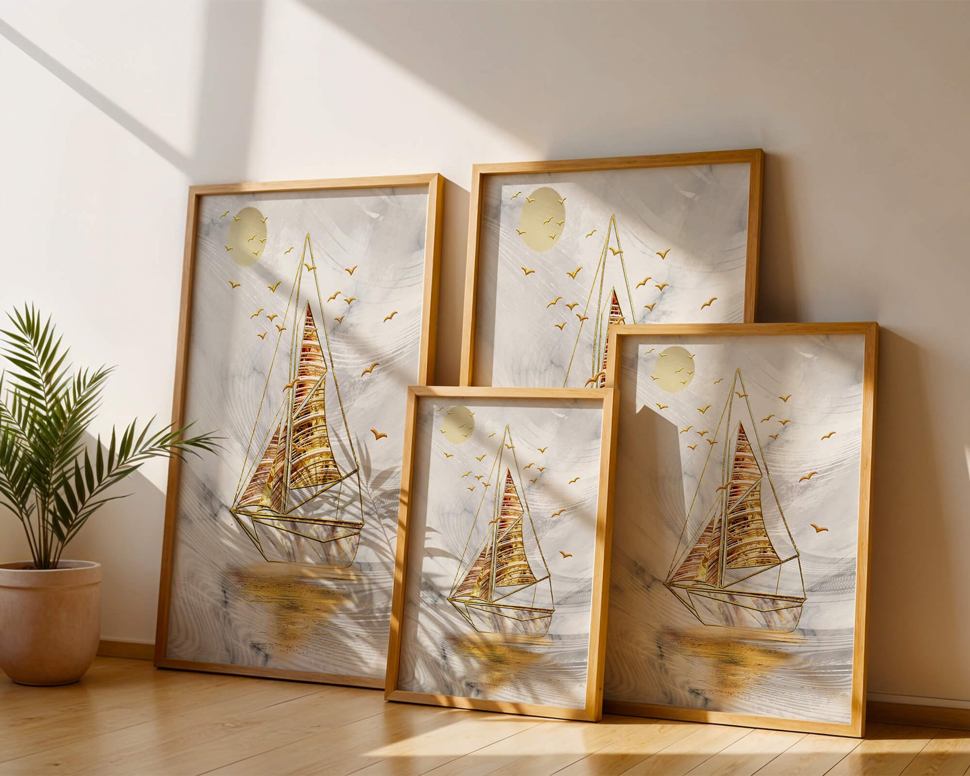 Elegant sailboat with gold elements against a textured sky
