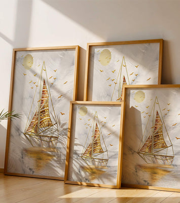 Elegant sailboat with gold elements against a textured sky