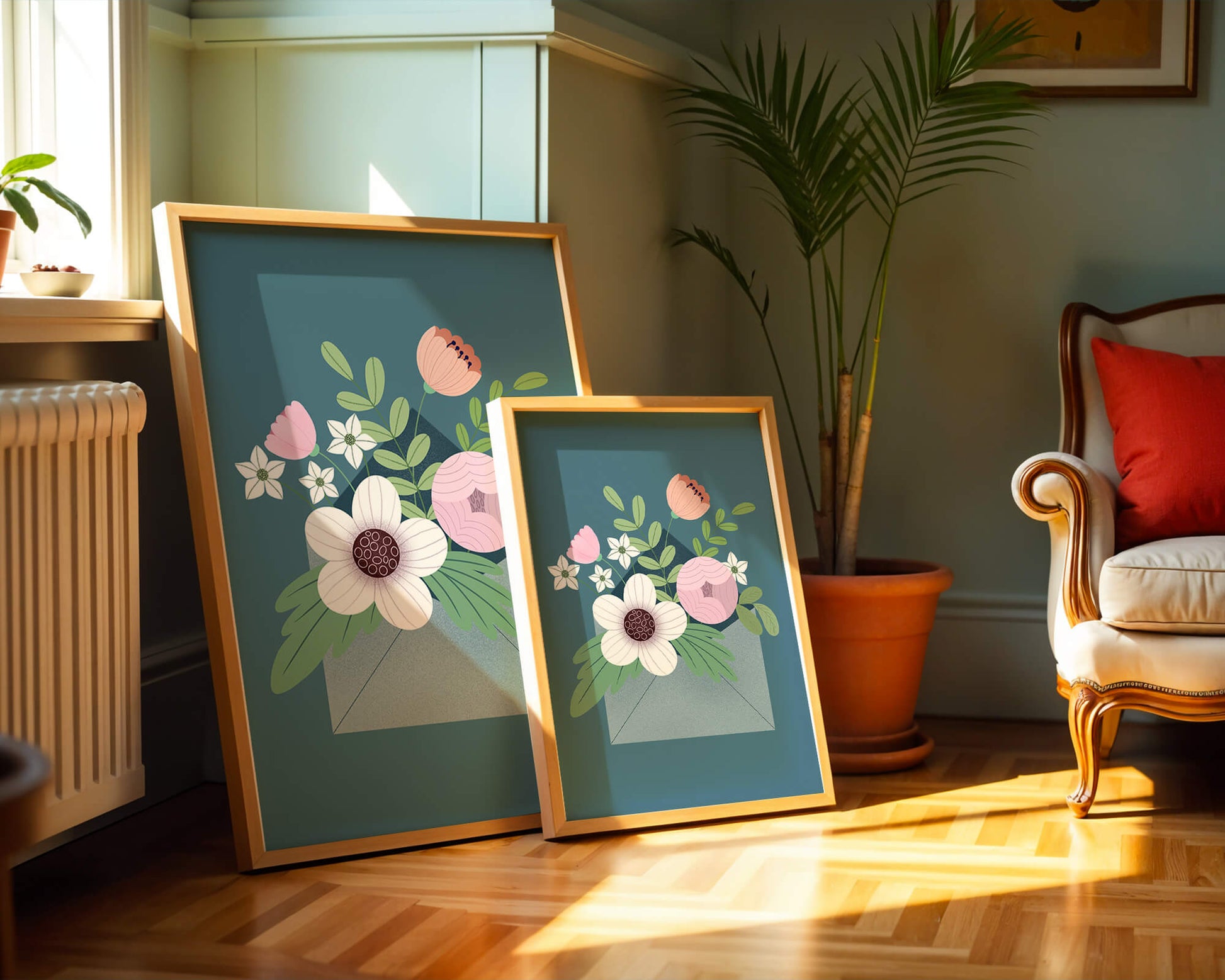 Bouquet floral illustré sortant d'une enveloppe sur un fond bleu sarcelle