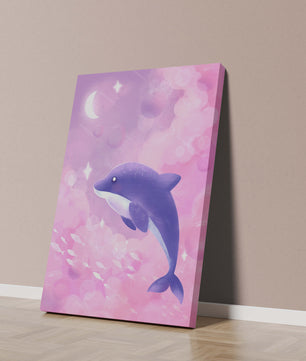 Dreamlike underwater scene with dolphin and moonlit sky