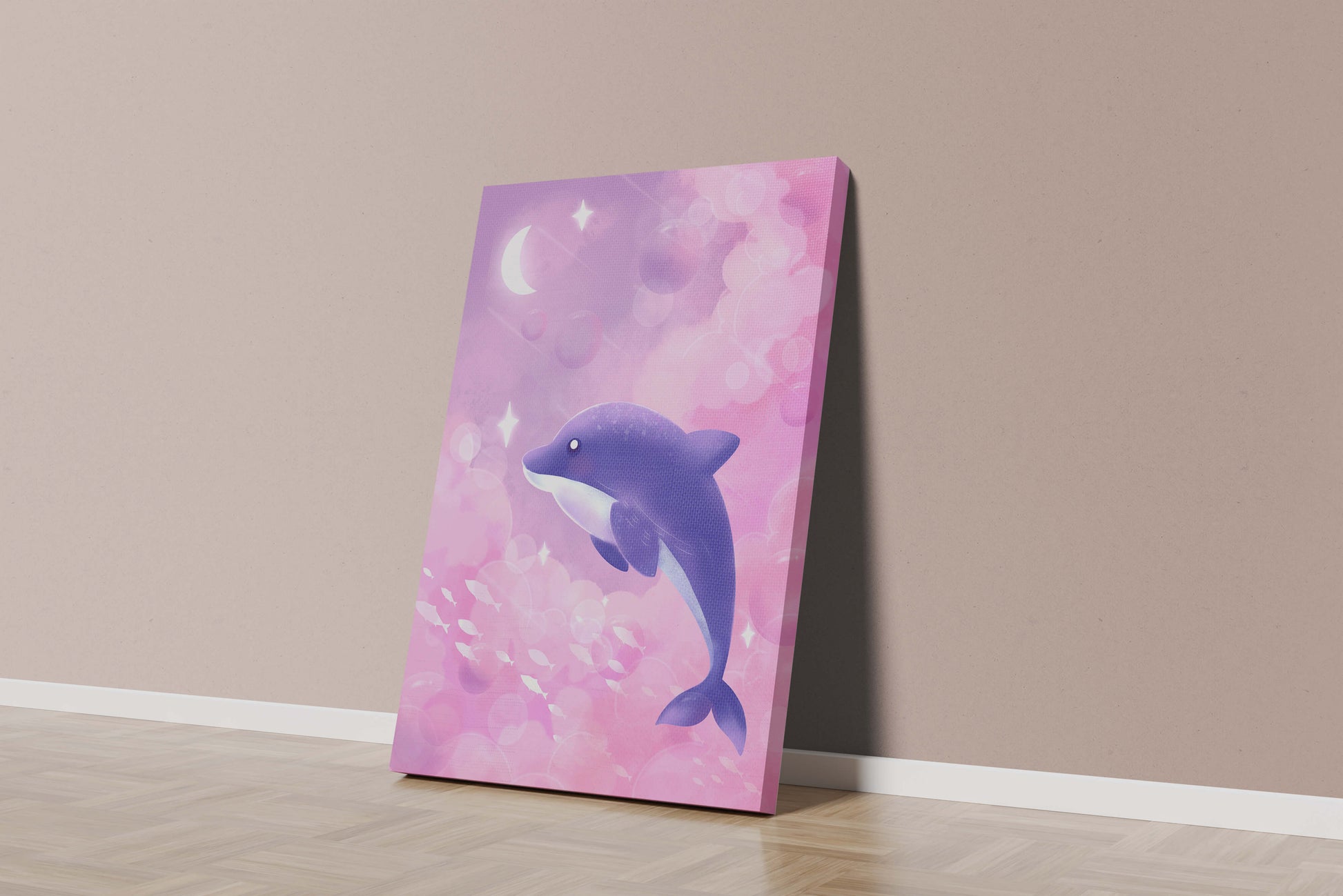 Dreamlike underwater scene with dolphin and moonlit sky