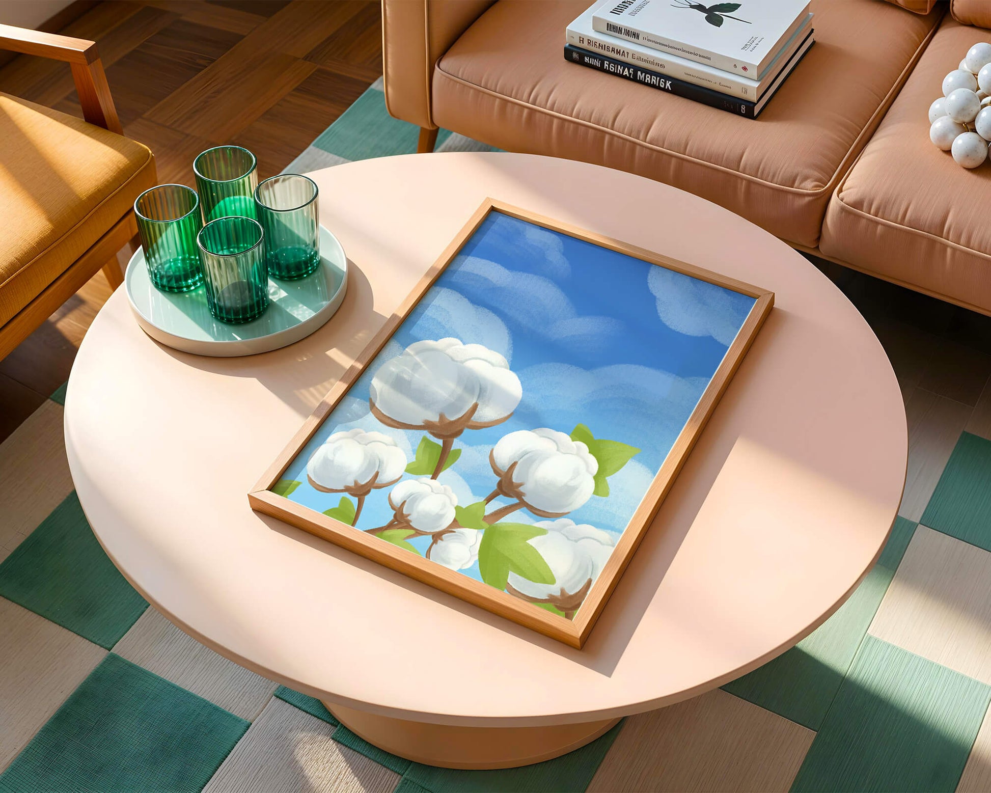 Künstlerische Illustration von Baumwollpflanzen vor einem klaren blauen Himmel