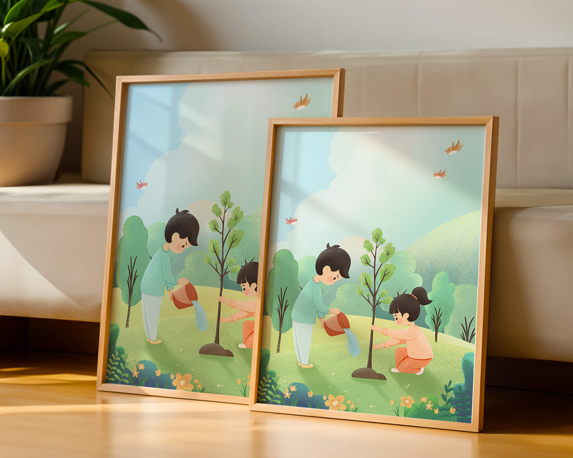 Children nurturing a young tree in a lush green landscape