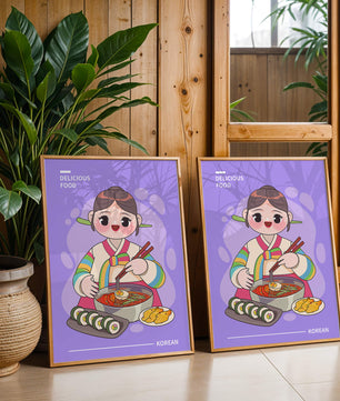 Charming illustration of Korean cuisine with a cheerful character