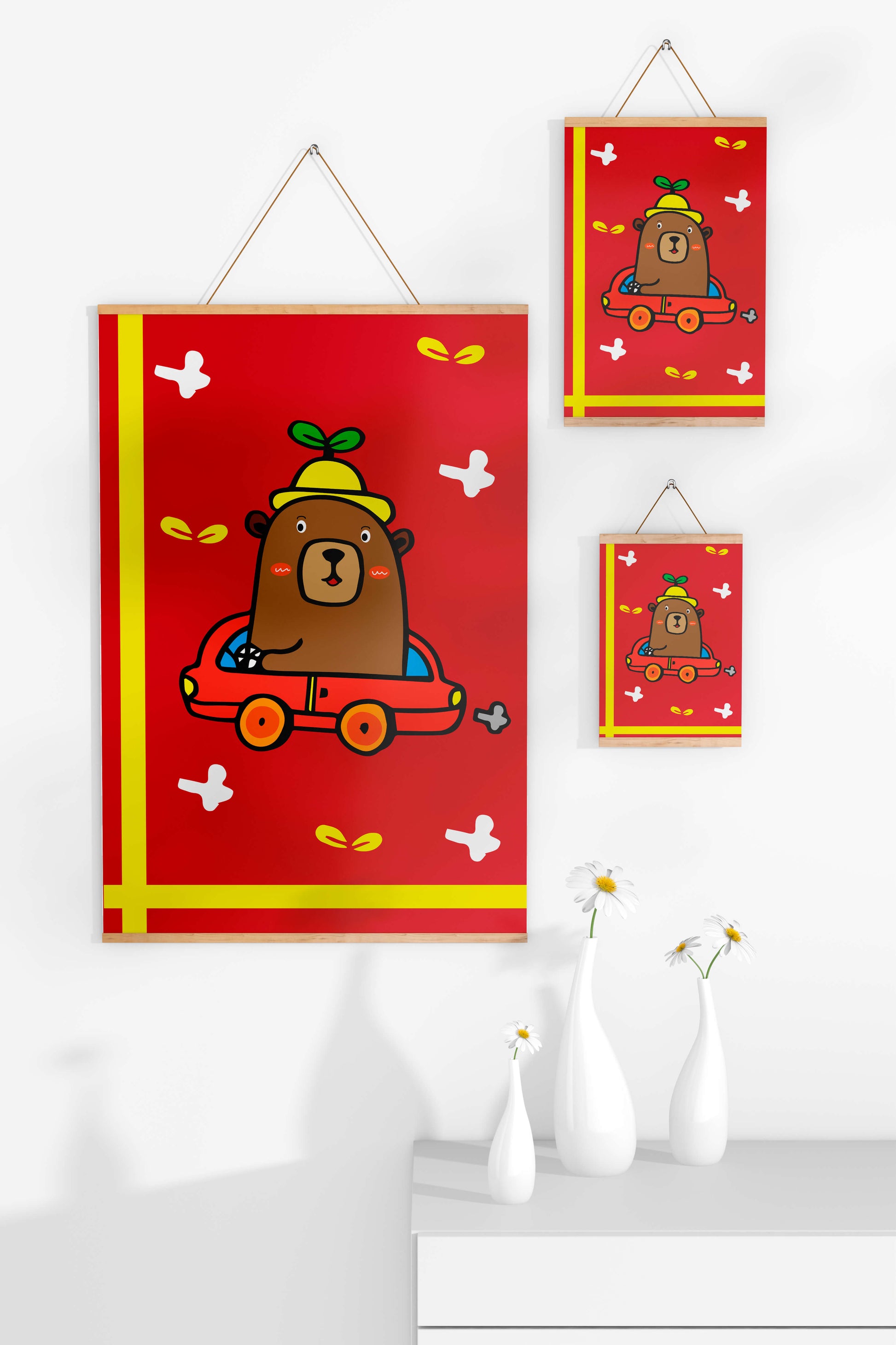 Whimsical bear driving a car on a bright red background