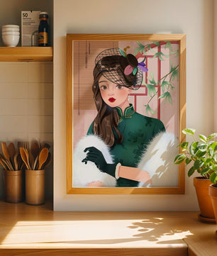 Elegant woman in vintage attire with netted hat and floral elements