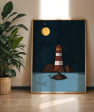 Escena nocturna tranquila con faro y estrellas que reflejan serenidad