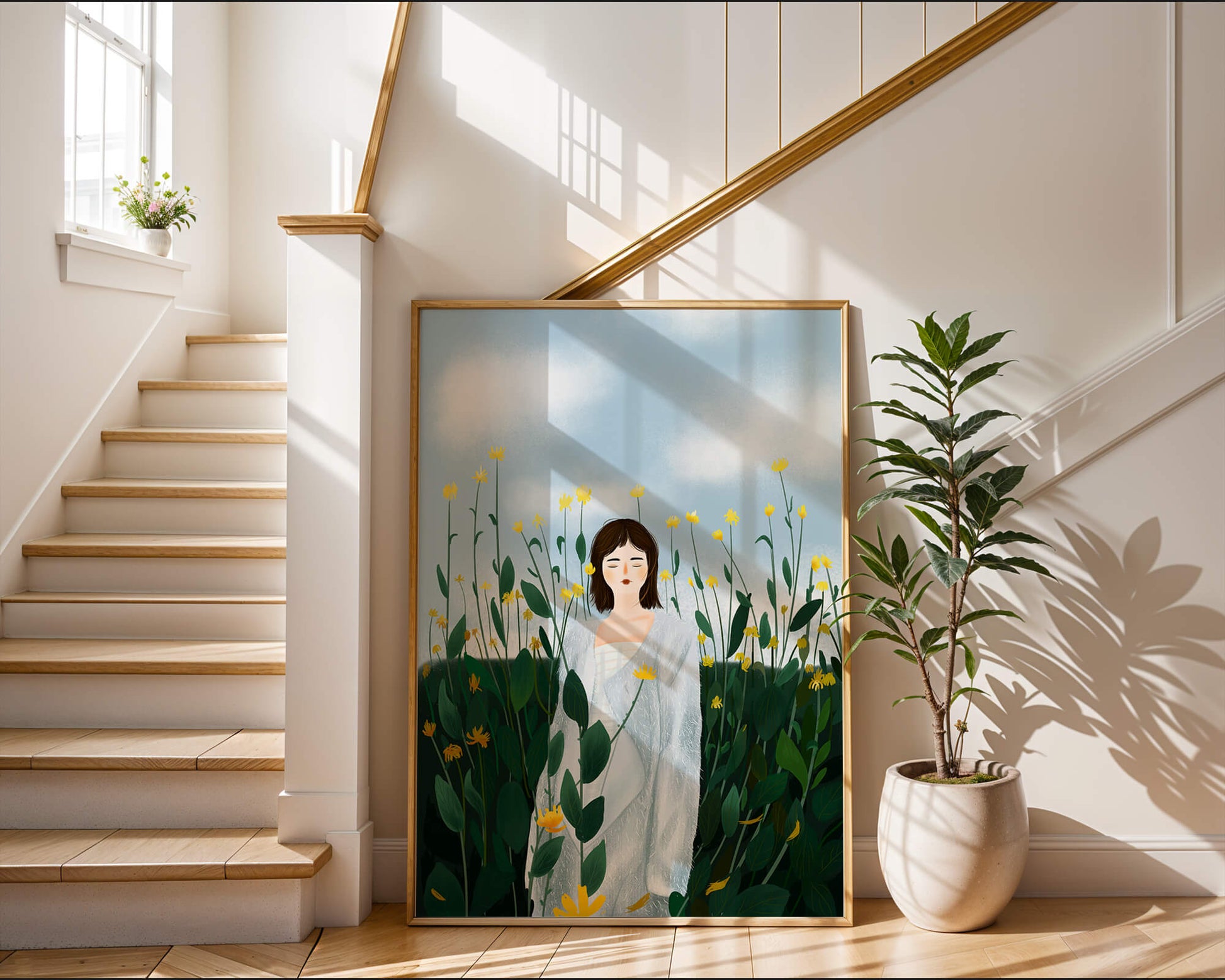 Mujer con abrigo blanco entre flores amarillas