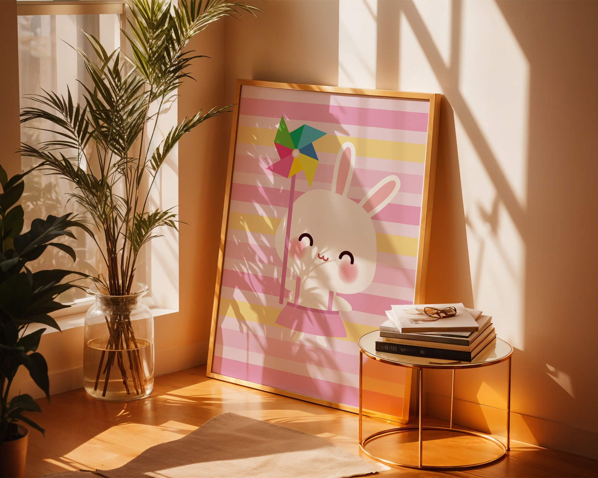 Adorable bunny with pinwheel on pastel striped backdrop