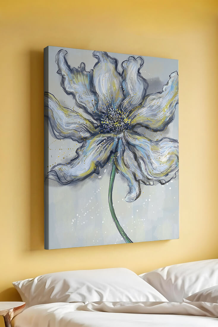 Elegant blue and green abstract floral artwork with flowing lines