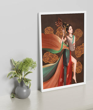 Elegante representación de una mujer tocando un instrumento de cuerda tradicional con ropajes fluidos y fondo ornamentado