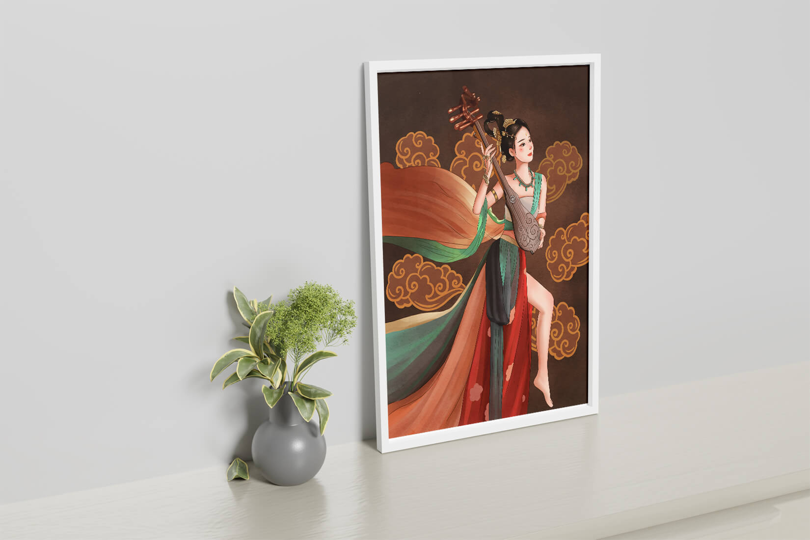 Elegant depiction of a woman playing a traditional string instrument with flowing garments and ornate background