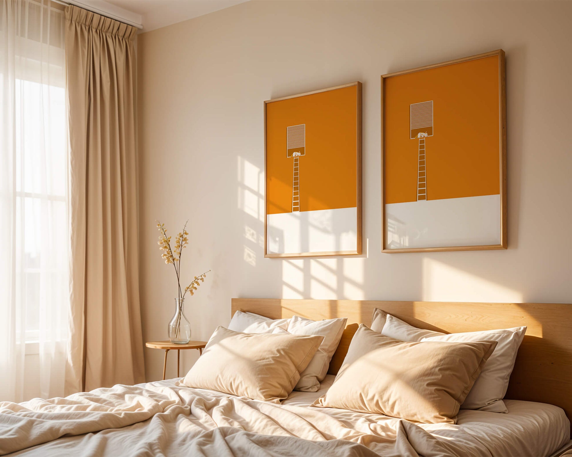 Cat Sleeping on Elevated Platform Against Orange Background