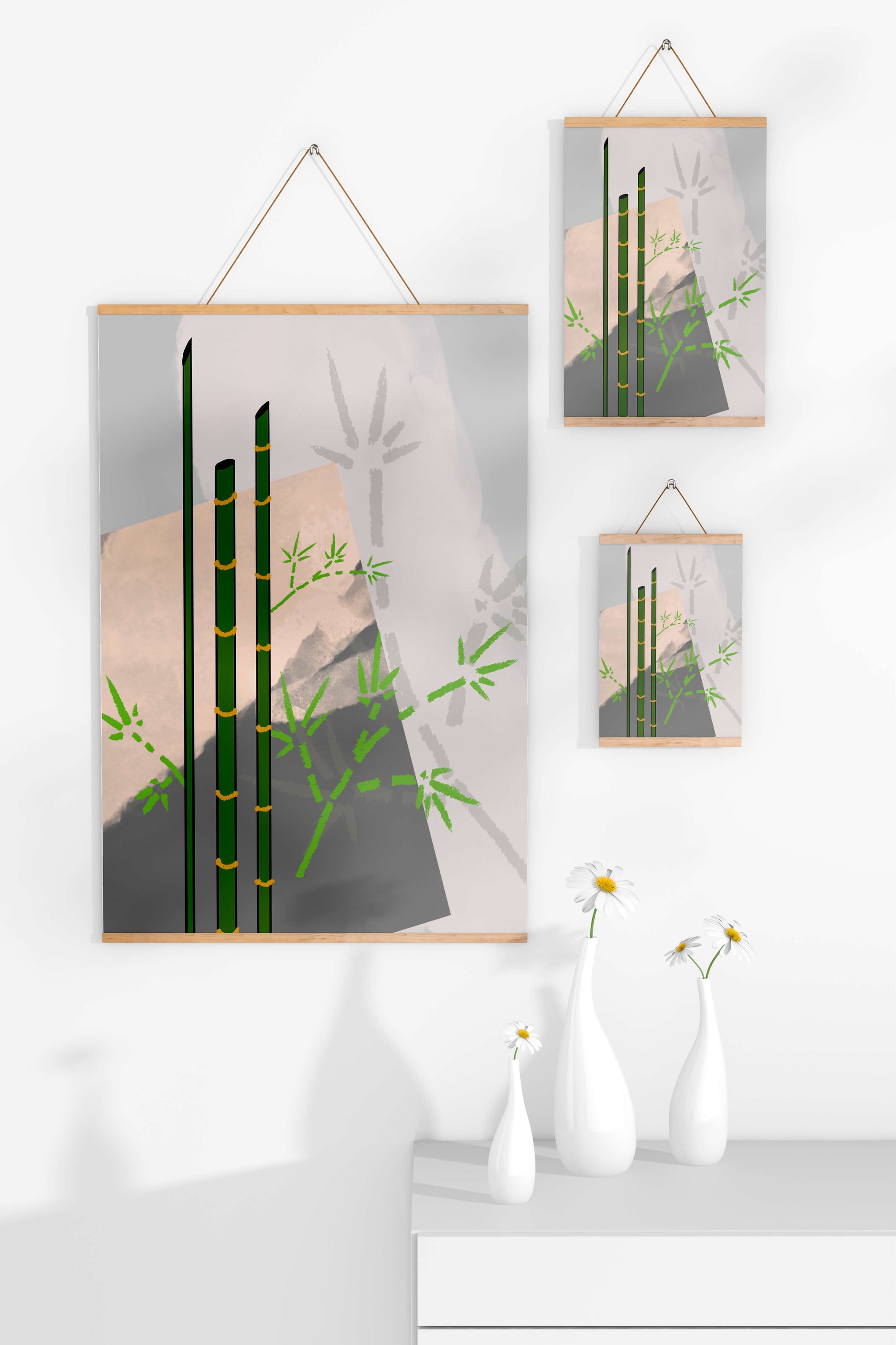 Arte minimalista de bambú con sombras abstractas de bambú