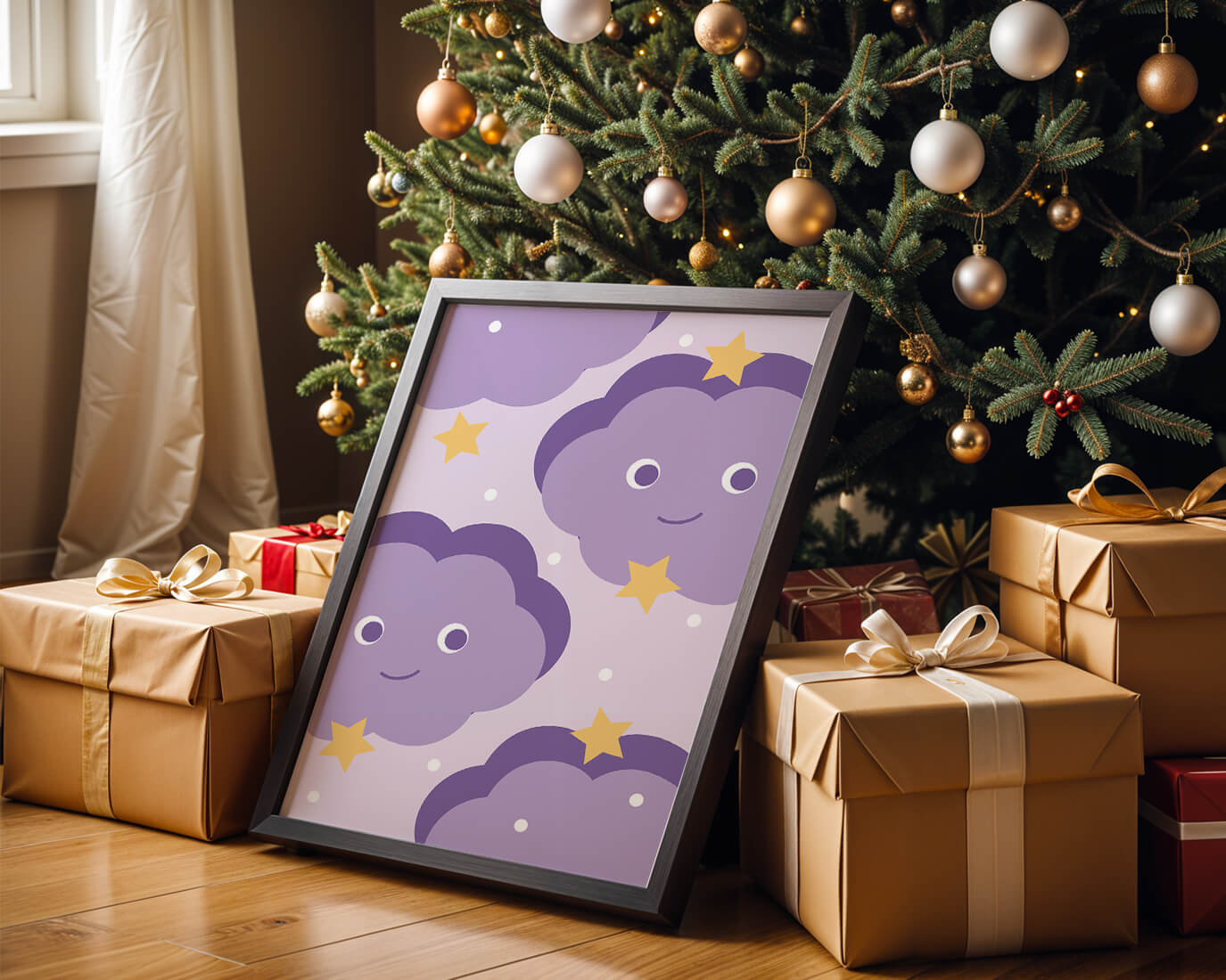 Whimsical purple cloud and star pattern for children's room decor