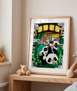 Ilustración de pandas encantadores disfrutando de helado bajo un puente de bambú