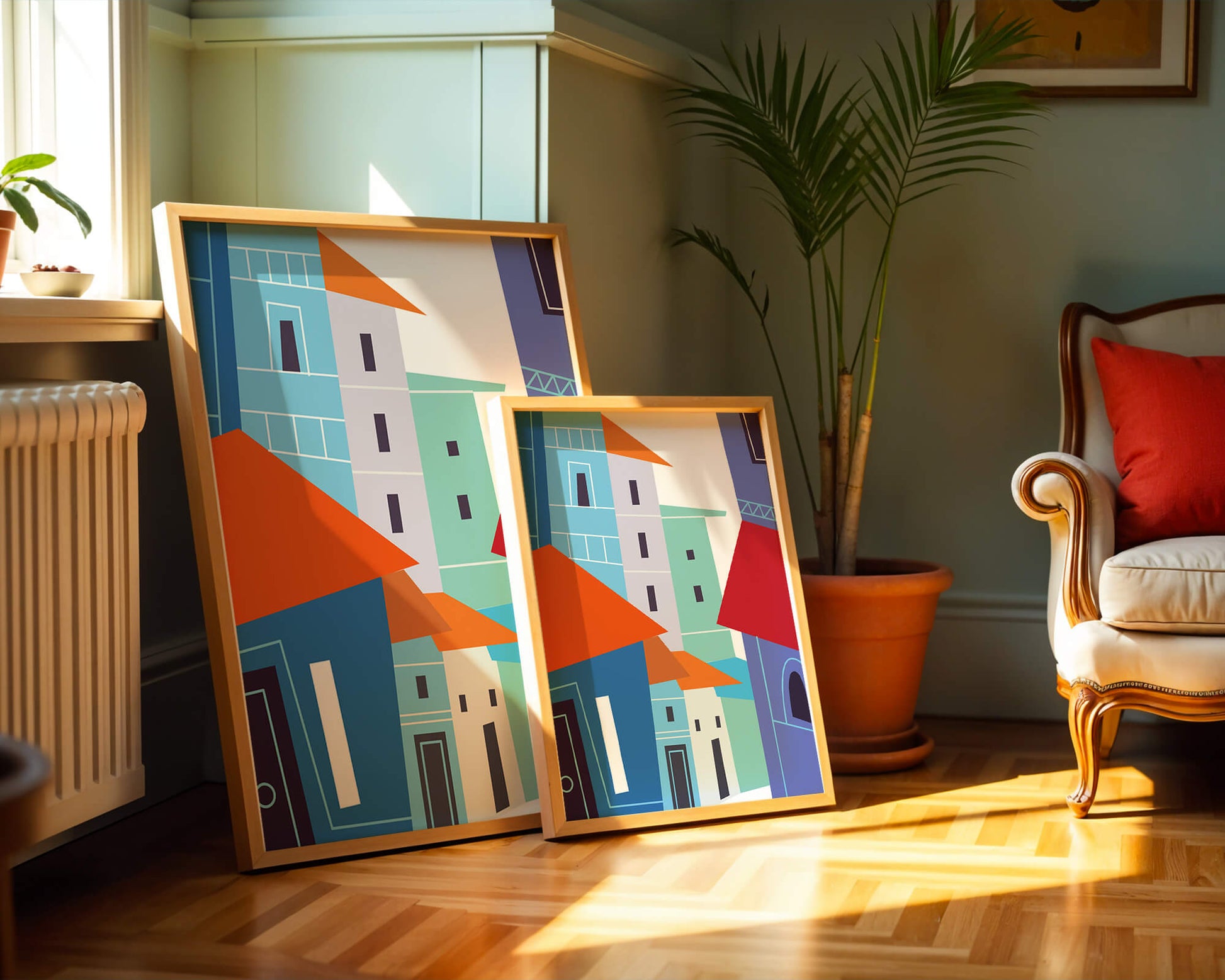 Colorful abstract cityscape with geometric buildings