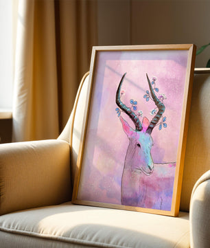 Pastel watercolor illustration of antelope with floral horns