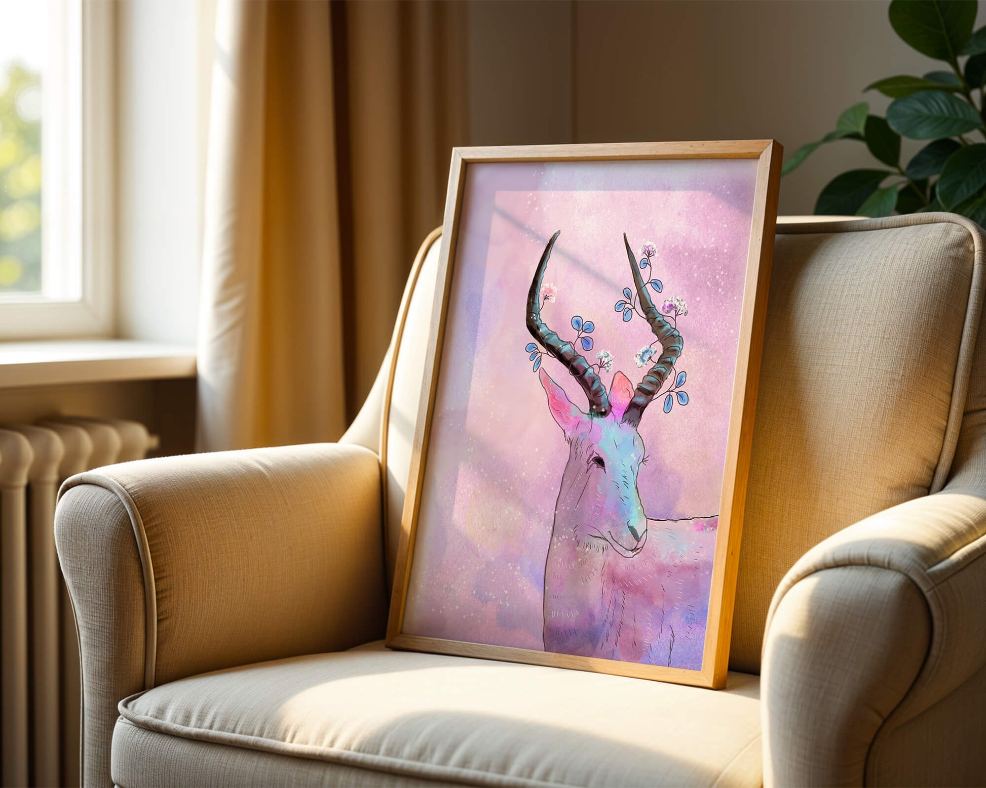 Pastel watercolor illustration of antelope with floral horns
