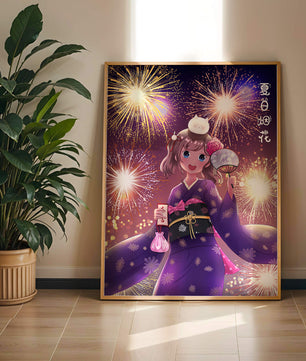 Girl in Yukata Celebrating Fireworks Festival with Cat and Fan