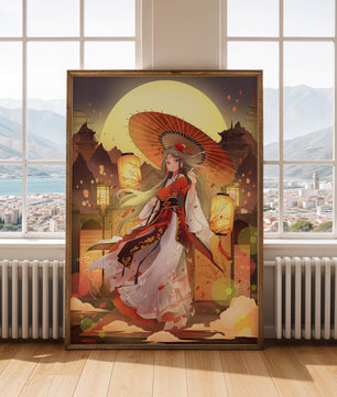 Illustration élégante sur le thème japonais avec une femme sous une ombrelle