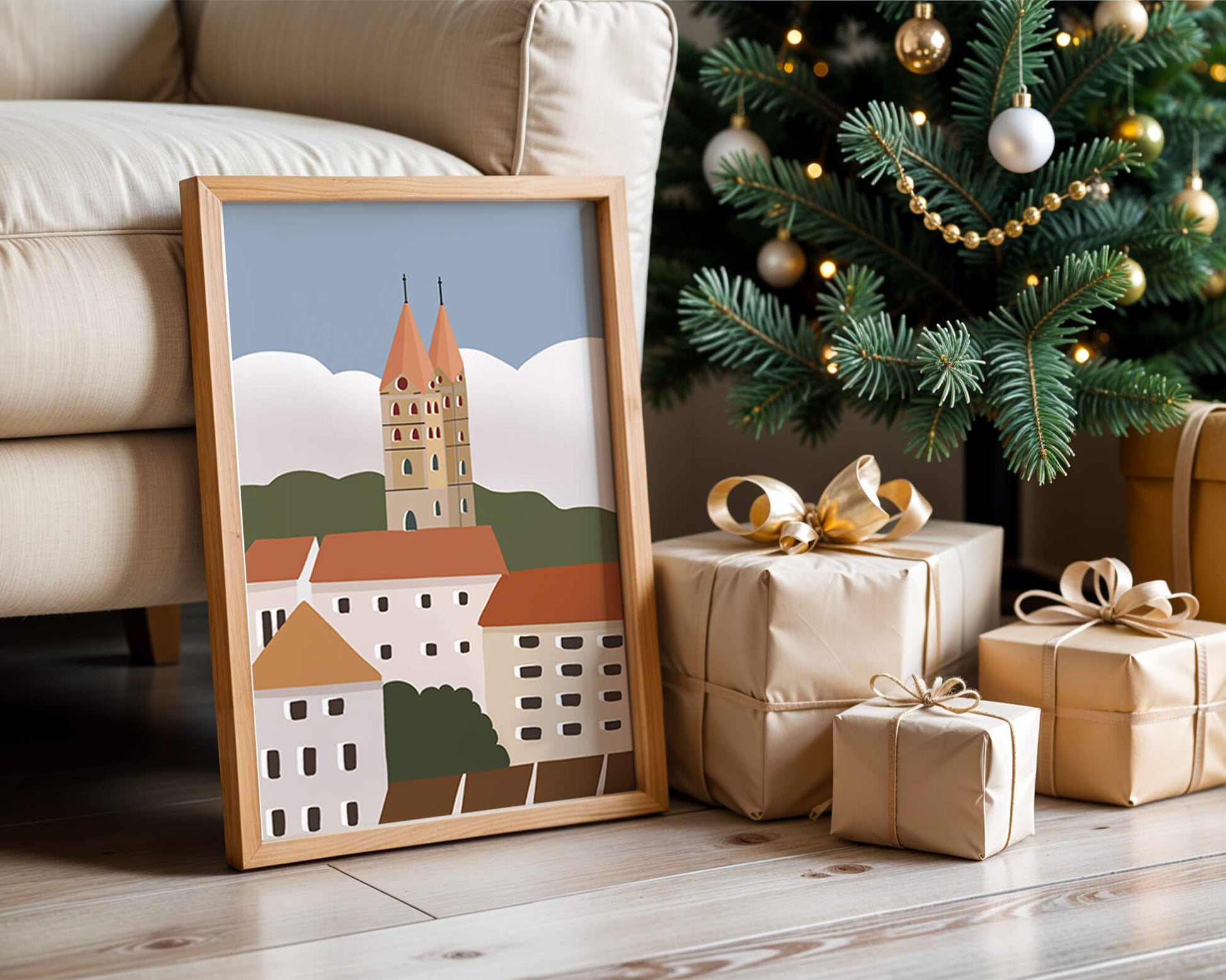 Charming European Cityscape with Church Towers and Colorful Buildings