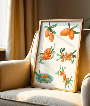 Illustrated sea buckthorn berries with leaves on black background