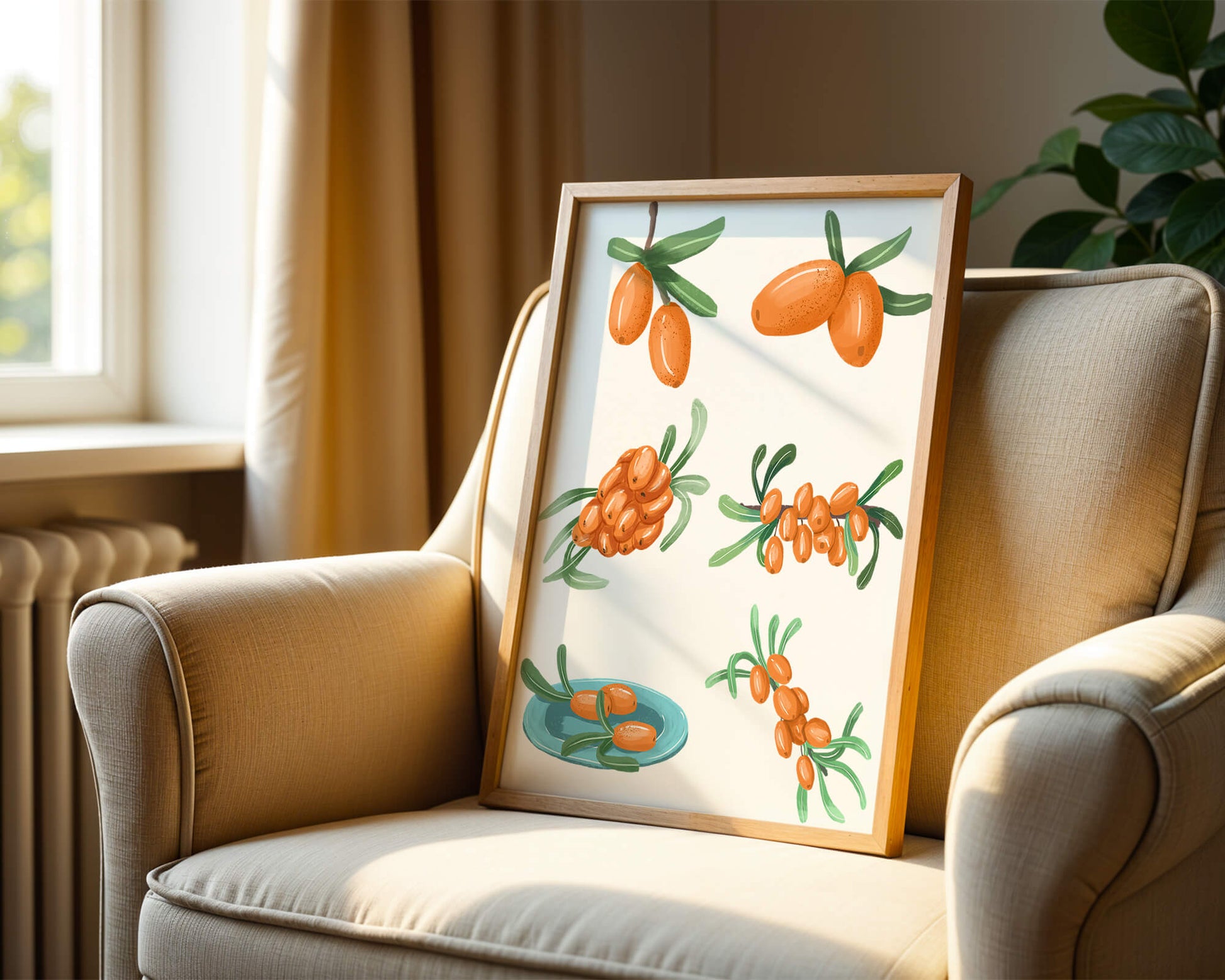 Illustrated sea buckthorn berries with leaves on black background