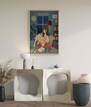 Cozy Nighttime Reading in a Living Room with Moonlit Window